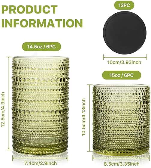 DmmyAlzx Hobnail Drinking Glasses Set of 12 Count, Vintage Glassware, Old Fashioned Glasses, 6 Highball Bubble Drinking Cups 14.5 oz, 6 Rocks Cups 10 oz with 6 Silicone Coasters, Green - Image 3