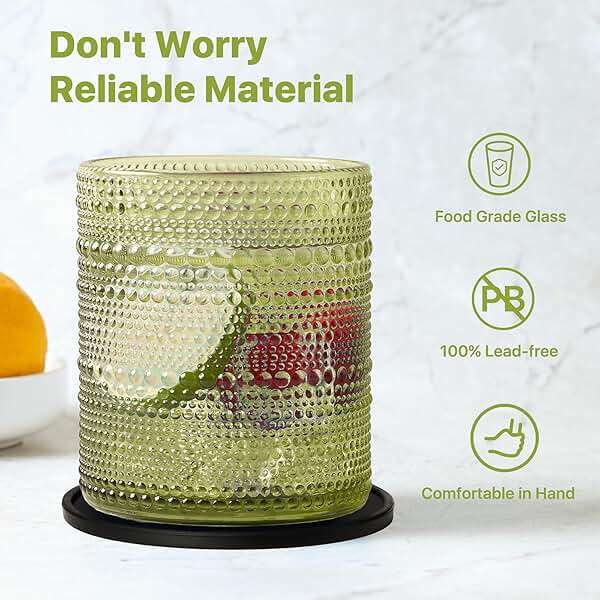 DmmyAlzx Hobnail Drinking Glasses Set of 12 Count, Vintage Glassware, Old Fashioned Glasses, 6 Highball Bubble Drinking Cups 14.5 oz, 6 Rocks Cups 10 oz with 6 Silicone Coasters, Green - Image 5