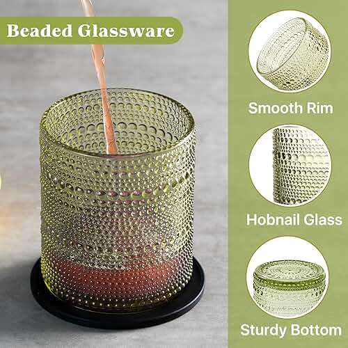 DmmyAlzx Hobnail Drinking Glasses Set of 12 Count, Vintage Glassware, Old Fashioned Glasses, 6 Highball Bubble Drinking Cups 14.5 oz, 6 Rocks Cups 10 oz with 6 Silicone Coasters, Green - Image 6