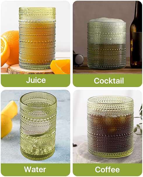 DmmyAlzx Hobnail Drinking Glasses Set of 12 Count, Vintage Glassware, Old Fashioned Glasses, 6 Highball Bubble Drinking Cups 14.5 oz, 6 Rocks Cups 10 oz with 6 Silicone Coasters, Green - Image 8