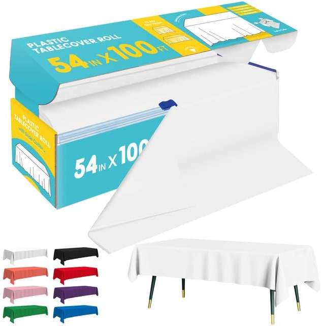 Niuara White Plastic Table Cover Roll - 54IN x 100FT, Table Cloth for Rectangle Table with Slide Cutter, Plastic Table Cloth Disposable with Cut-to-Size Design for Weddings, Banquets, Parties - Image 1