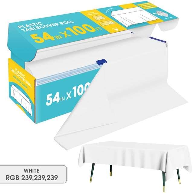 Niuara White Plastic Table Cover Roll - 54IN x 100FT, Table Cloth for Rectangle Table with Slide Cutter, Plastic Table Cloth Disposable with Cut-to-Size Design for Weddings, Banquets, Parties - Image 3