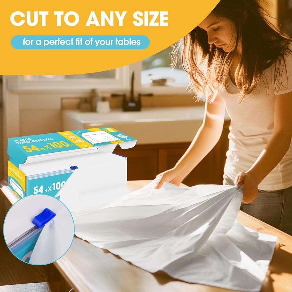 Niuara White Plastic Table Cover Roll - 54IN x 100FT, Table Cloth for Rectangle Table with Slide Cutter, Plastic Table Cloth Disposable with Cut-to-Size Design for Weddings, Banquets, Parties - Image 4
