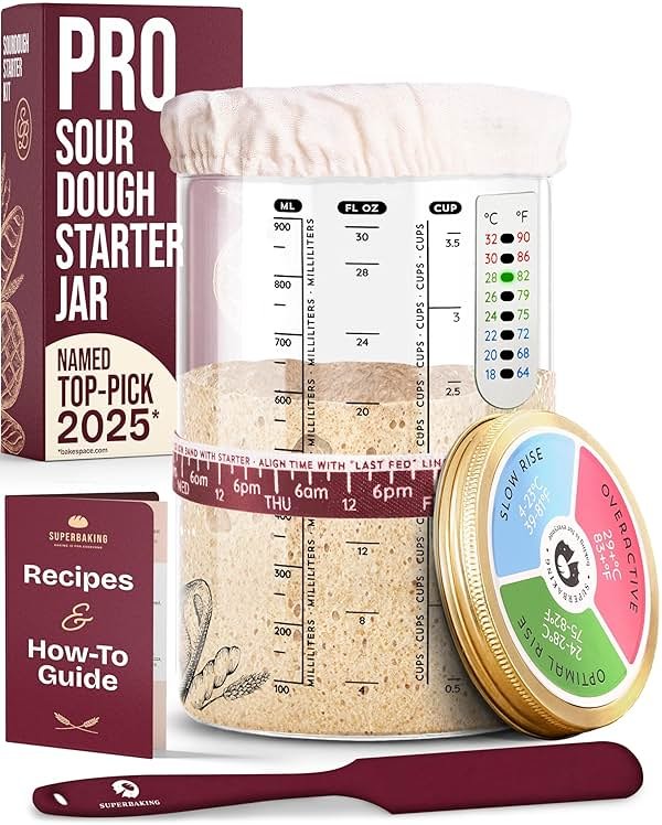 Superbaking Sourdough Starter Jar, Beginner Sourdough Starter Kit, 34oz Wide Mouth Sour Dough Glass Jar with Guides & Recipes, Sourdough Bread Baking Supplies, Sourdough Container Crock - Product Image