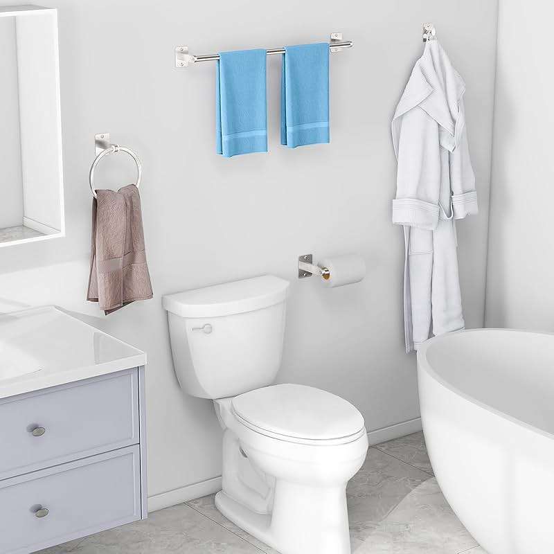 Brushed Nickel Bathroom Accessories Set, KLJKPA 4 Pieces Bathroom Hardware Set, 24 inch Towel Bar, Towel Racks for Bathroom, Robe Towel Hooks, Toilet Paper Holder Wall Mounted - Image 2