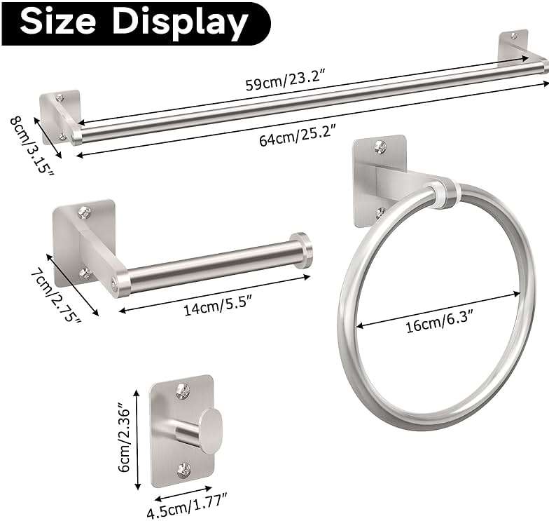 Brushed Nickel Bathroom Accessories Set, KLJKPA 4 Pieces Bathroom Hardware Set, 24 inch Towel Bar, Towel Racks for Bathroom, Robe Towel Hooks, Toilet Paper Holder Wall Mounted - Image 7