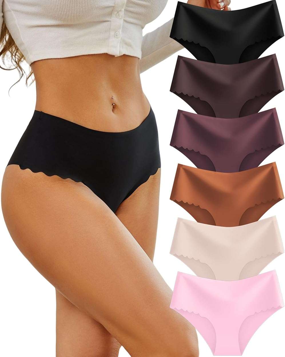 Sth Big High Waisted Seamless Underwear for Women No Show Panties Cheeky Scalloped Edge Bikini Breathable Briefs 6 Pack - Image 1