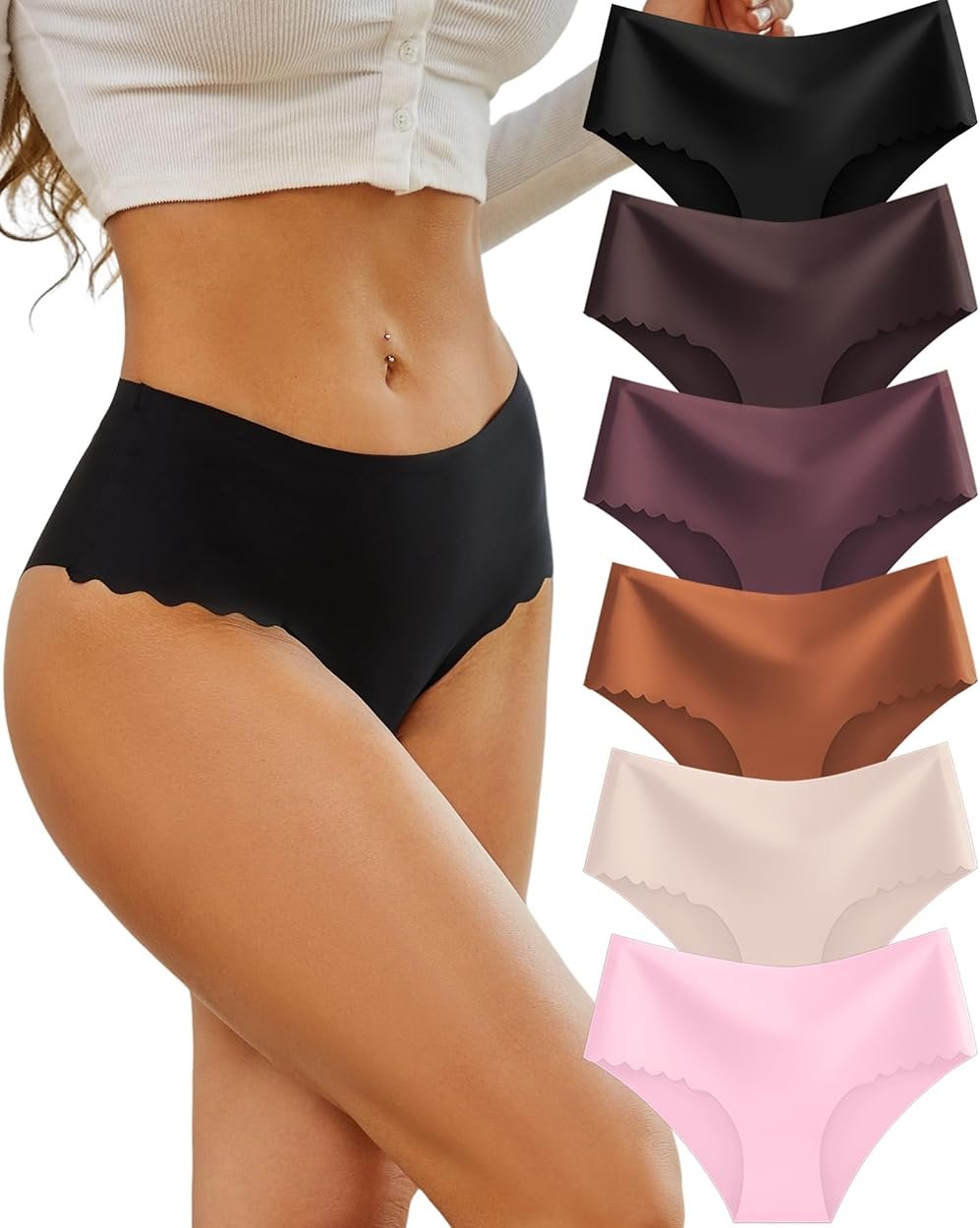 Sth Big High Waisted Seamless Underwear for Women No Show Panties Cheeky Scalloped Edge Bikini Breathable Briefs 6 Pack - Product Image