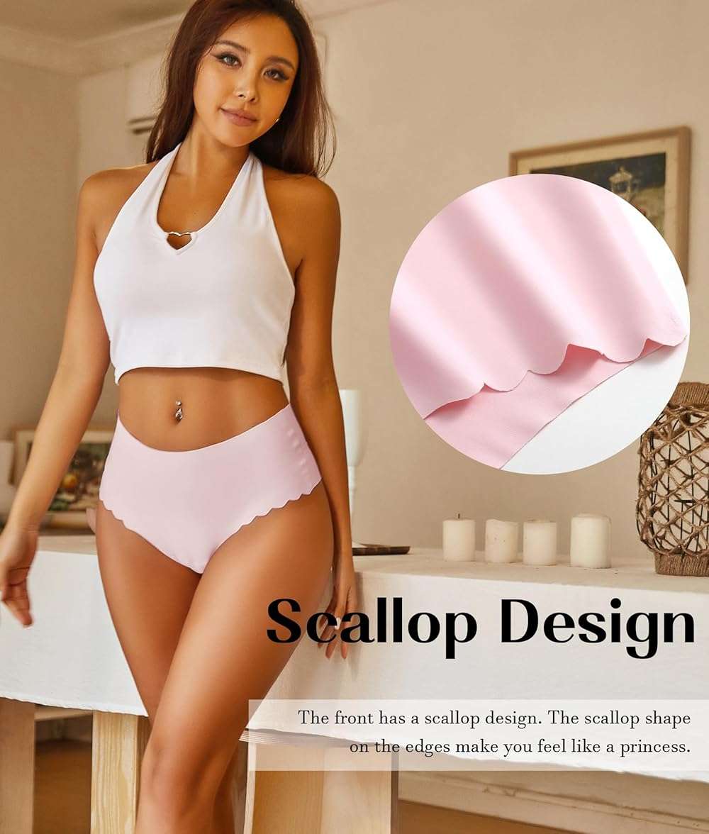 Sth Big High Waisted Seamless Underwear for Women No Show Panties Cheeky Scalloped Edge Bikini Breathable Briefs 6 Pack - Image 6