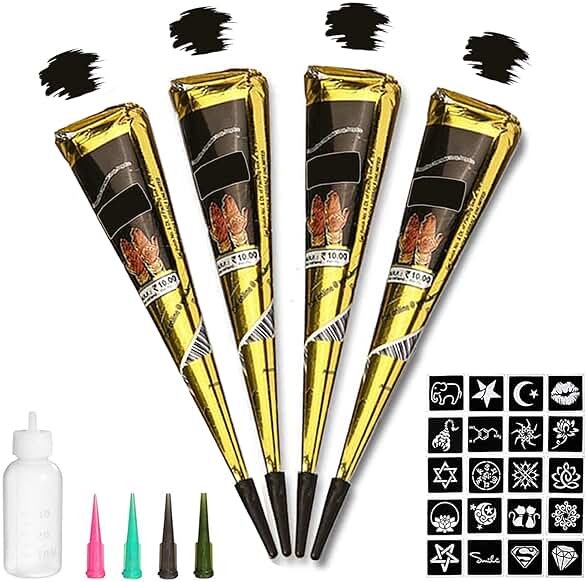 Tizoerly Black Tattoo Cones, 4Pcs Black Temporary Tattoo Kit, 100% Natural Ready to Use Tattoo Paste, India Body DIY Art Painting for Women Men Teens with 20 Adhesive Stencils, 1 Bottle, 4Nozzles - Product Image