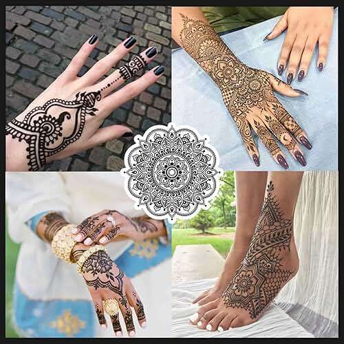 Tizoerly Black Tattoo Cones, 4Pcs Black Temporary Tattoo Kit, 100% Natural Ready to Use Tattoo Paste, India Body DIY Art Painting for Women Men Teens with 20 Adhesive Stencils, 1 Bottle, 4Nozzles - Image 6