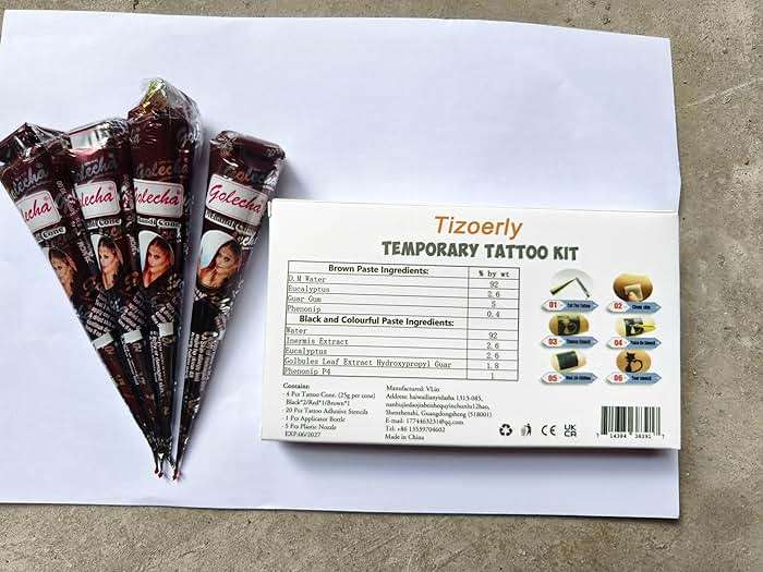 Tizoerly Black Tattoo Cones, 4Pcs Black Temporary Tattoo Kit, 100% Natural Ready to Use Tattoo Paste, India Body DIY Art Painting for Women Men Teens with 20 Adhesive Stencils, 1 Bottle, 4Nozzles - Image 9