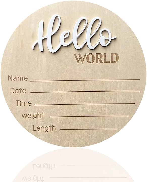 Baby Announcement Sign, 5.9 Inch Wooden Hello World Newborn Signs, Birth Announcement Sign, Baby Shower Hospital Nursery for Newborn Boys and Girls (White) - Product Image