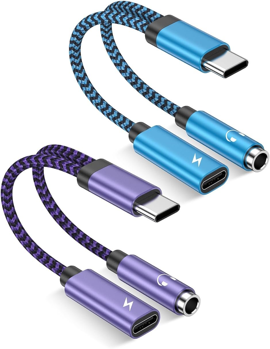2-Pack 2-in-1 USB-C to 3.5mm Aux Adapter, Android Dongle C to C Fast Charging for Apple iPhone 17e 17 16 Samsung Galaxy Headphone Jack Adapter 60W Auxiliar Audio Cord Adoptor Male to Female Converter - Product Image