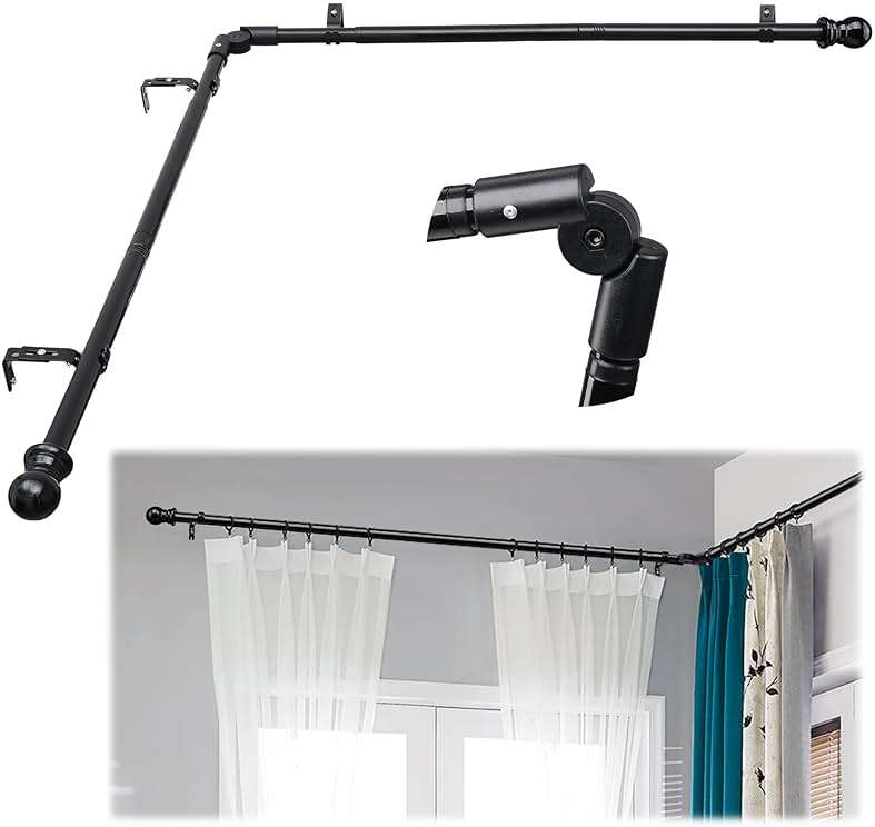 Corner Curtain Rod for Windows 30 to 136 Inches, L-shaped Curved Heavy Duty Corner Window Curtain Rods, Adjustable Renter Friendly 1 Inch Black Drapery Rods for Bedroom Living Room - Image 1