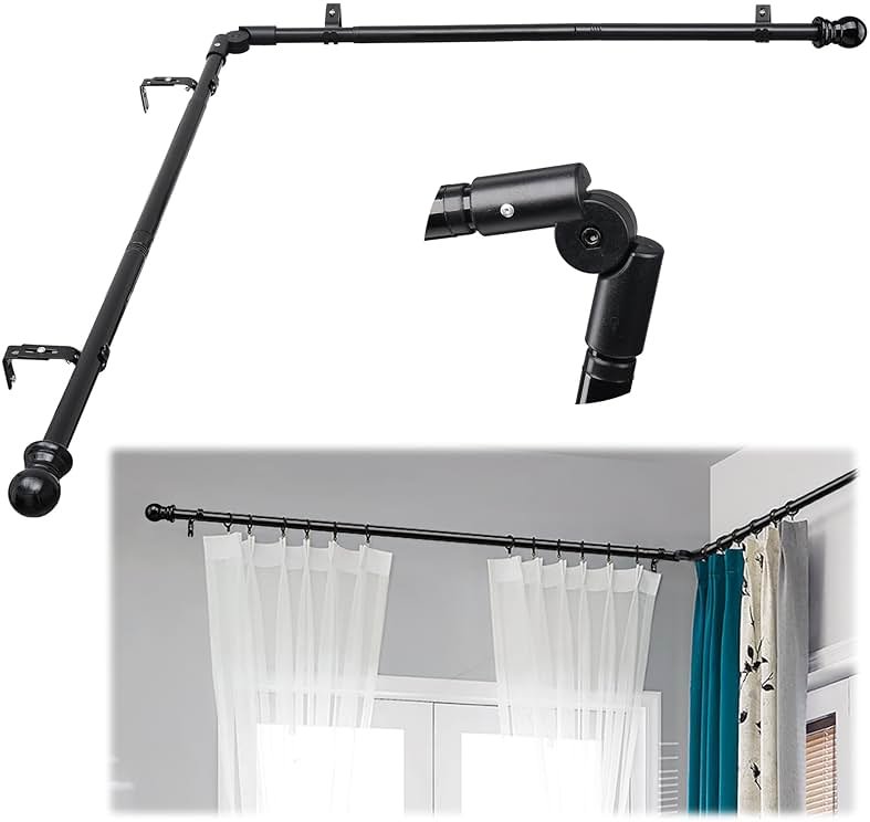 Corner Curtain Rod for Windows 30 to 136 Inches, L-shaped Curved Heavy Duty Corner Window Curtain Rods, Adjustable Renter Friendly 1 Inch Black Drapery Rods for Bedroom Living Room - Product Image