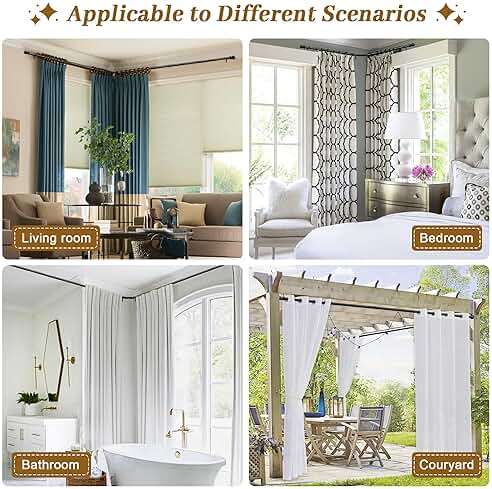 Corner Curtain Rod for Windows 30 to 136 Inches, L-shaped Curved Heavy Duty Corner Window Curtain Rods, Adjustable Renter Friendly 1 Inch Black Drapery Rods for Bedroom Living Room - Image 6