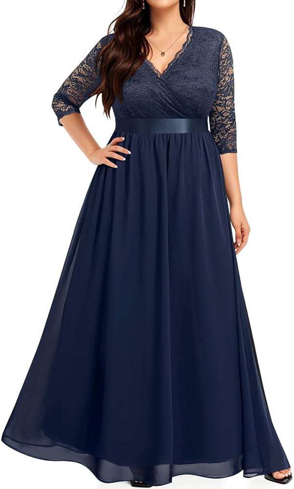 Pinup Fashion Wedding Dresses for Bride Plus Size - Formal Evening Gown Wrap Neck Lace Chiffon Long Dress - Image 4