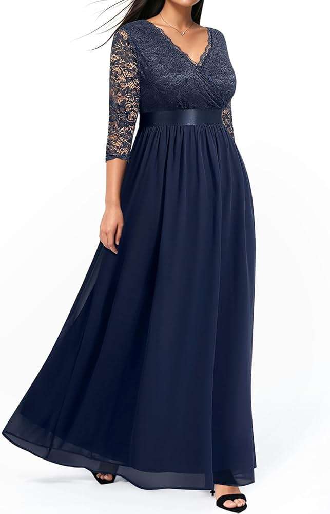 Pinup Fashion Wedding Dresses for Bride Plus Size - Formal Evening Gown Wrap Neck Lace Chiffon Long Dress - Image 5