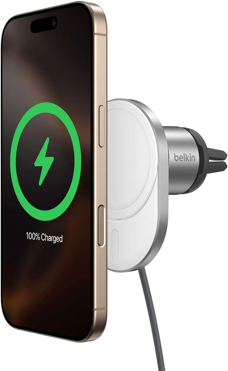 Belkin MagSafe-Compatible Wireless Car Charger 15W, Fast Charging Wireless Charger - Powerful Magnetic Vent Holder for iPhone 17, 16, 15, 14, 13 Series, Pixel 10, Secure Car Phone Mount - White - Image 1
