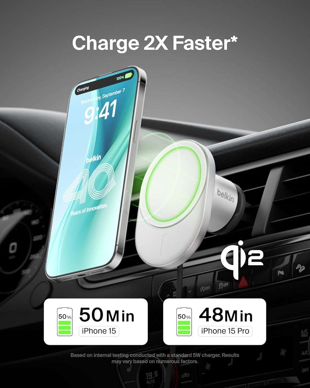 Belkin MagSafe-Compatible Wireless Car Charger 15W, Fast Charging Wireless Charger - Powerful Magnetic Vent Holder for iPhone 17, 16, 15, 14, 13 Series, Pixel 10, Secure Car Phone Mount - White - Image 2