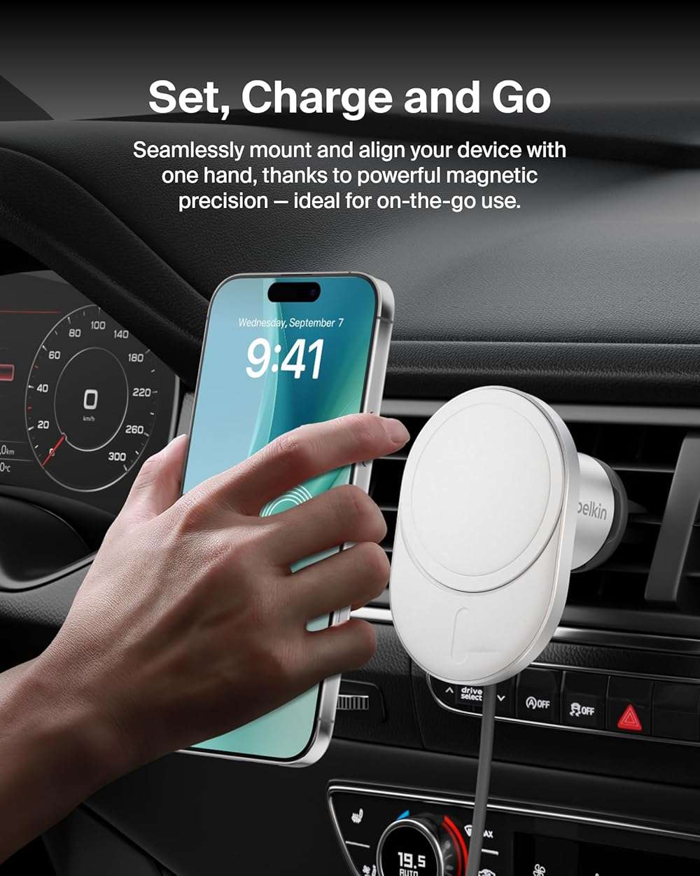 Belkin MagSafe-Compatible Wireless Car Charger 15W, Fast Charging Wireless Charger - Powerful Magnetic Vent Holder for iPhone 17, 16, 15, 14, 13 Series, Pixel 10, Secure Car Phone Mount - White - Image 4