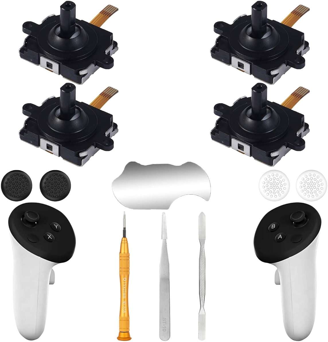 Ikpek 4 Pack Joystick Replacement Kit for Meta Quest 3 Controller(12 in one), Repair Kit for Oculus Quest 3Controller, Include 4 Joysticks, 4 Thumbstick Grips, T5 Screwdriver, Tweezer, Pry Tool - Image 1