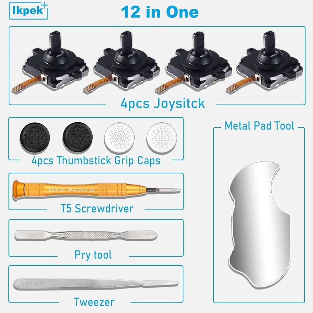 Ikpek 4 Pack Joystick Replacement Kit for Meta Quest 3 Controller(12 in one), Repair Kit for Oculus Quest 3Controller, Include 4 Joysticks, 4 Thumbstick Grips, T5 Screwdriver, Tweezer, Pry Tool - Image 6