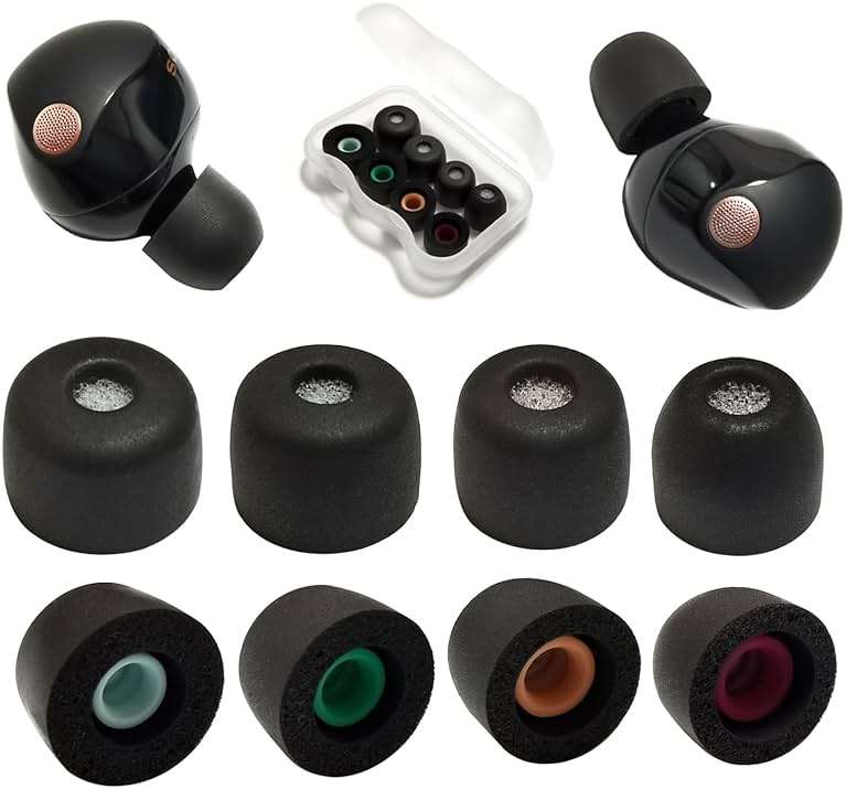Memory Foam Ear Tips for Sony WF-1000XM5 Filter Screen Earbuds Tips for WF-1000XM5 WF-1000XM4 fit Charging Case, 4 Pairs Black - Image 1
