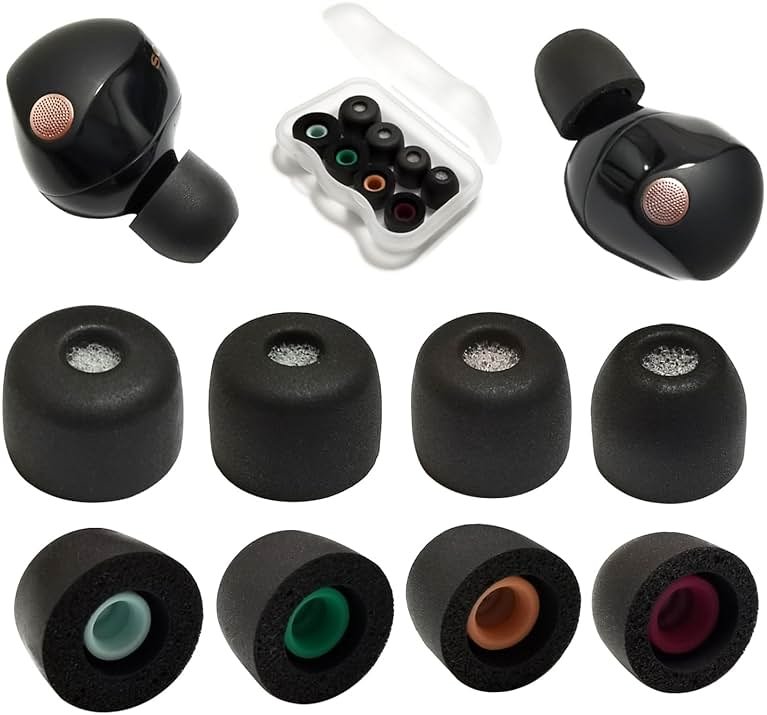 Memory Foam Ear Tips for Sony WF-1000XM5 Filter Screen Earbuds Tips for WF-1000XM5 WF-1000XM4 fit Charging Case, 4 Pairs Black - Product Image