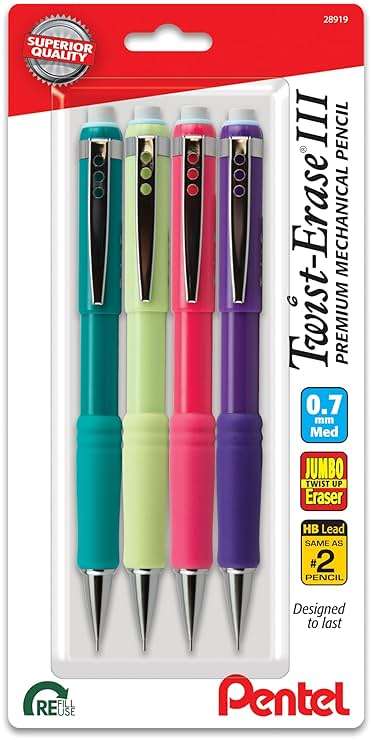 Pentel Twist-Erase III Mechanical Pencil, (0.7mm), Medium Line, Assorted Fashion Color Barrels, Pack of 4 (QE517FBP4M) - Image 1