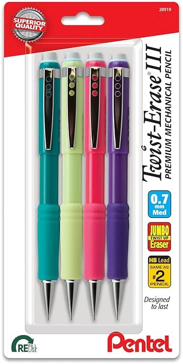 Pentel Twist-Erase III Mechanical Pencil, (0.7mm), Medium Line, Assorted Fashion Color Barrels, Pack of 4 (QE517FBP4M) - Product Image