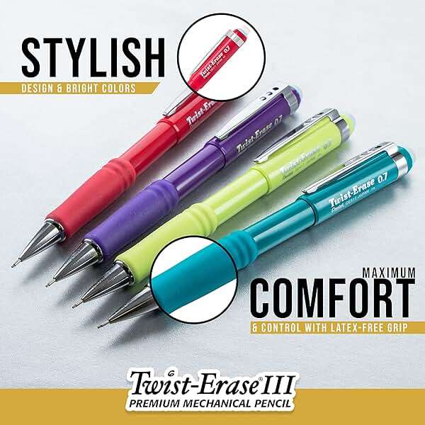Pentel Twist-Erase III Mechanical Pencil, (0.7mm), Medium Line, Assorted Fashion Color Barrels, Pack of 4 (QE517FBP4M) - Image 3