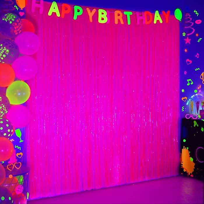 Mega-L Glow in The Dark Party Supplies, 2 Pack Neon Party Decorations 3.3 x 6.6 ft Fluorescent Macaron Fuchsia Tinsel Foil Fringe Curtains, Photo Booth Prop Backdrop Streamer, Birthday Party Decor - Image 1