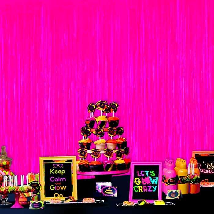 Mega-L Glow in The Dark Party Supplies, 2 Pack Neon Party Decorations 3.3 x 6.6 ft Fluorescent Macaron Fuchsia Tinsel Foil Fringe Curtains, Photo Booth Prop Backdrop Streamer, Birthday Party Decor - Image 2