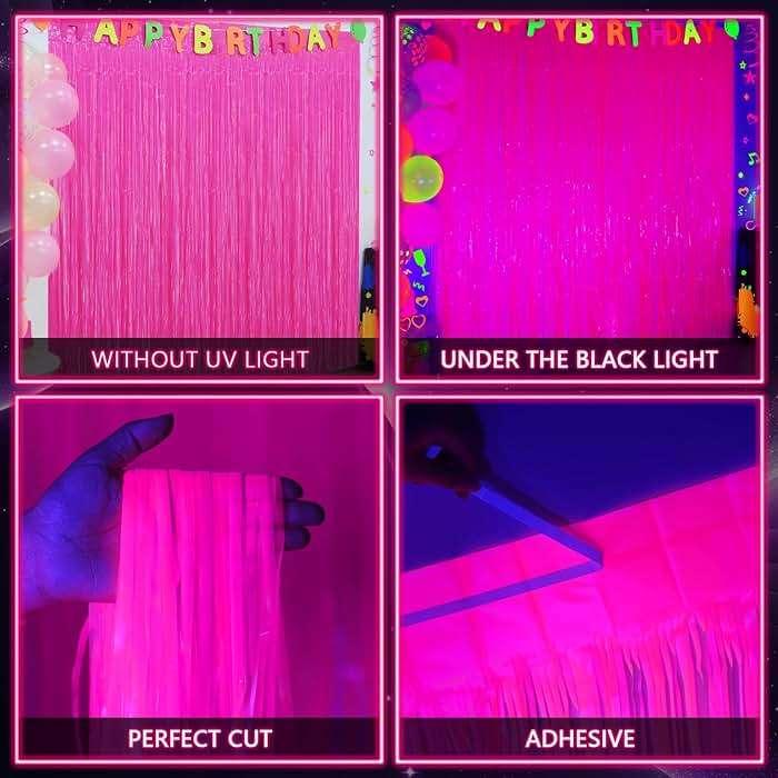 Mega-L Glow in The Dark Party Supplies, 2 Pack Neon Party Decorations 3.3 x 6.6 ft Fluorescent Macaron Fuchsia Tinsel Foil Fringe Curtains, Photo Booth Prop Backdrop Streamer, Birthday Party Decor - Image 3