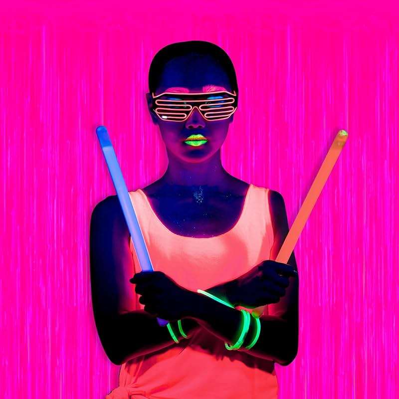 Mega-L Glow in The Dark Party Supplies, 2 Pack Neon Party Decorations 3.3 x 6.6 ft Fluorescent Macaron Fuchsia Tinsel Foil Fringe Curtains, Photo Booth Prop Backdrop Streamer, Birthday Party Decor - Image 4