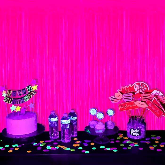 Mega-L Glow in The Dark Party Supplies, 2 Pack Neon Party Decorations 3.3 x 6.6 ft Fluorescent Macaron Fuchsia Tinsel Foil Fringe Curtains, Photo Booth Prop Backdrop Streamer, Birthday Party Decor - Image 5