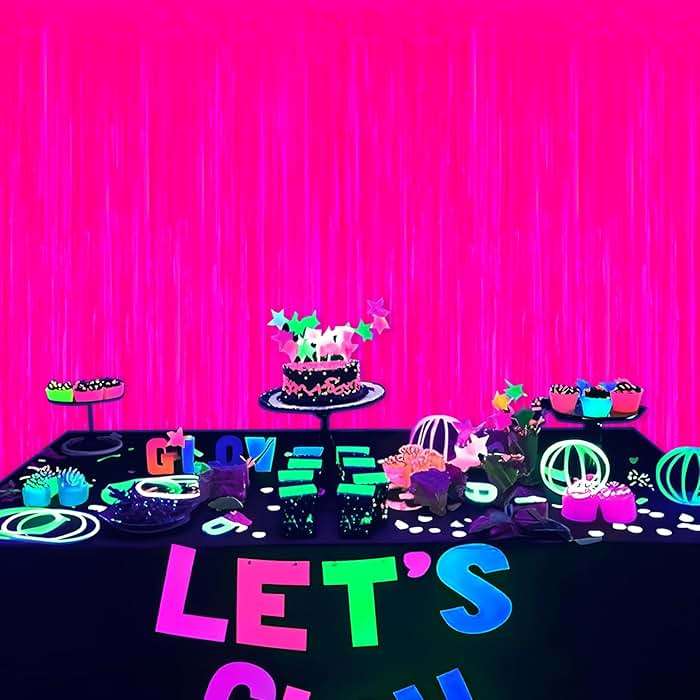 Mega-L Glow in The Dark Party Supplies, 2 Pack Neon Party Decorations 3.3 x 6.6 ft Fluorescent Macaron Fuchsia Tinsel Foil Fringe Curtains, Photo Booth Prop Backdrop Streamer, Birthday Party Decor - Image 6