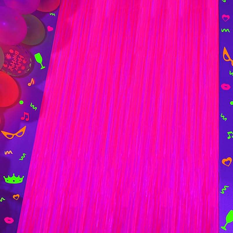 Mega-L Glow in The Dark Party Supplies, 2 Pack Neon Party Decorations 3.3 x 6.6 ft Fluorescent Macaron Fuchsia Tinsel Foil Fringe Curtains, Photo Booth Prop Backdrop Streamer, Birthday Party Decor - Image 8