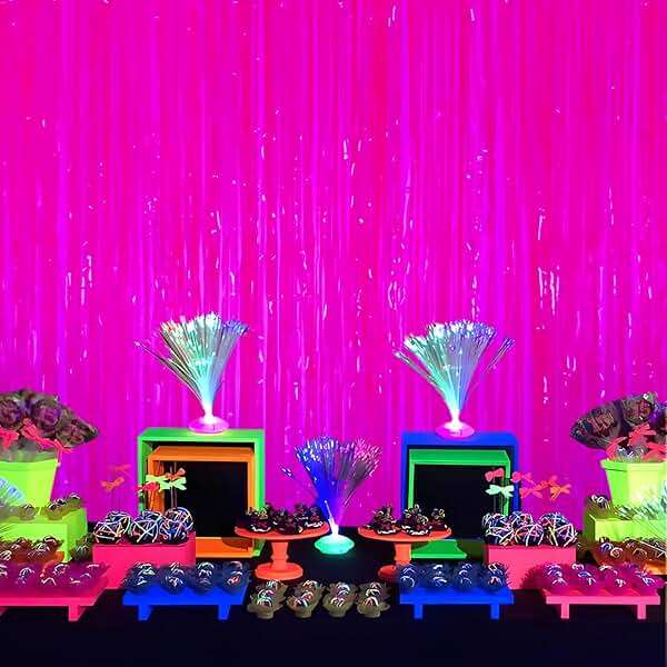 Mega-L Glow in The Dark Party Supplies, 2 Pack Neon Party Decorations 3.3 x 6.6 ft Fluorescent Macaron Fuchsia Tinsel Foil Fringe Curtains, Photo Booth Prop Backdrop Streamer, Birthday Party Decor - Image 9
