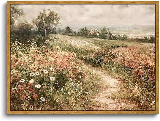 OIQArtOIQ Framed Canvas Wall Art,Vintage Decor,Landscape Nature Country Wildflower Paintings Farmhouse Pictures Modern Artwork Rustic Fall Flower Prints Cottagecore Office Living Room Bedroom Bathroom - Image 1