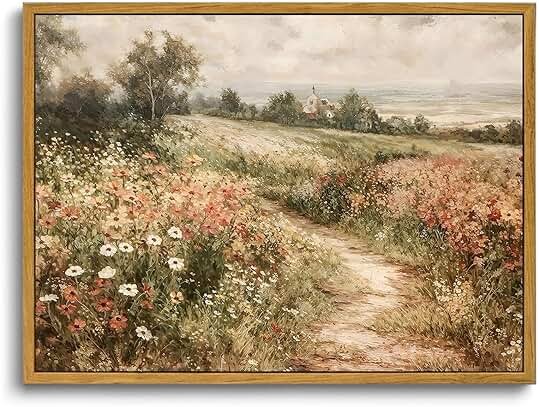 OIQArtOIQ Framed Canvas Wall Art,Vintage Decor,Landscape Nature Country Wildflower Paintings Farmhouse Pictures Modern Artwork Rustic Fall Flower Prints Cottagecore Office Living Room Bedroom Bathroom - Product Image