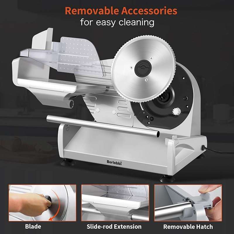 Meat Slicer, 200W Meat Slicer Machine for Home, DC Motor Quiet Deli Slicer with 2 Removable 7.5'' Stainless Steel Blades, Adjustable Dial for 0-15mm, Electric Food Slicer for Meat, Cheese, Bread - Image 6