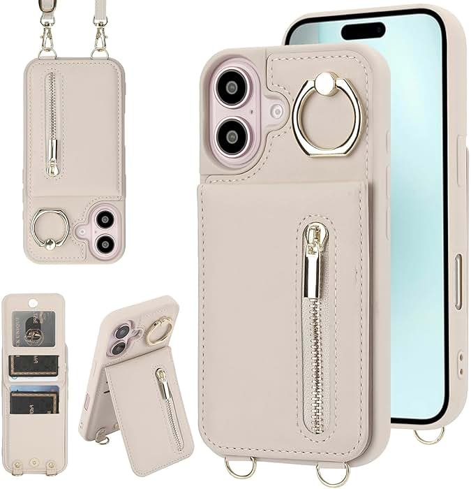 Jcxtrombulous Crossbody Wallet Case for iPhone 16 with Lanyard Strap Card Slot Holder RFID Blocking Ring Kickstand,Magnetic Flip Folio Zipper Purse Case, PU Leather Cover Handbag,Beige - Product Image
