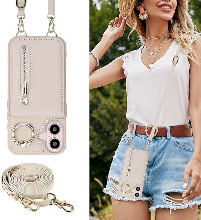 Jcxtrombulous Crossbody Wallet Case for iPhone 16 with Lanyard Strap Card Slot Holder RFID Blocking Ring Kickstand,Magnetic Flip Folio Zipper Purse Case, PU Leather Cover Handbag,Beige - Image 3