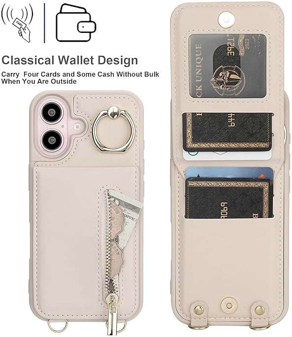 Jcxtrombulous Crossbody Wallet Case for iPhone 16 with Lanyard Strap Card Slot Holder RFID Blocking Ring Kickstand,Magnetic Flip Folio Zipper Purse Case, PU Leather Cover Handbag,Beige - Image 5