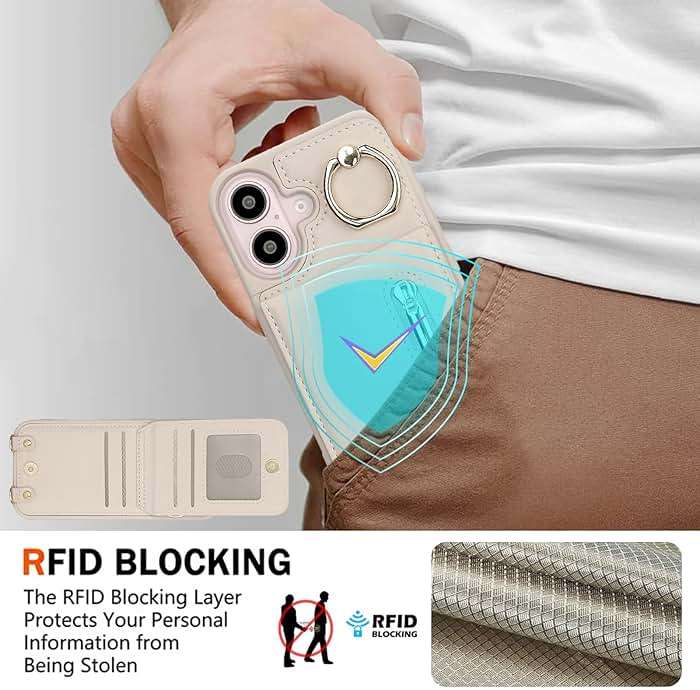 Jcxtrombulous Crossbody Wallet Case for iPhone 16 with Lanyard Strap Card Slot Holder RFID Blocking Ring Kickstand,Magnetic Flip Folio Zipper Purse Case, PU Leather Cover Handbag,Beige - Image 6