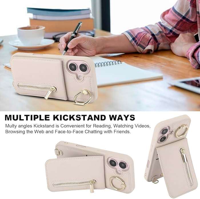 Jcxtrombulous Crossbody Wallet Case for iPhone 16 with Lanyard Strap Card Slot Holder RFID Blocking Ring Kickstand,Magnetic Flip Folio Zipper Purse Case, PU Leather Cover Handbag,Beige - Image 7