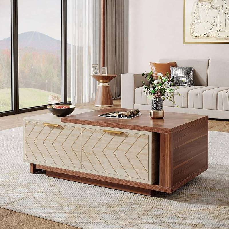 Tribesigns Extendable Coffee Table with 2 Storage Drawers, Dual-Tone Center Table with Sliding Tabletop, Multi-Functional Hidden Storage Wooden Rectangle Cocktail Table for Living Room (Walnut & Oak) - Image 1